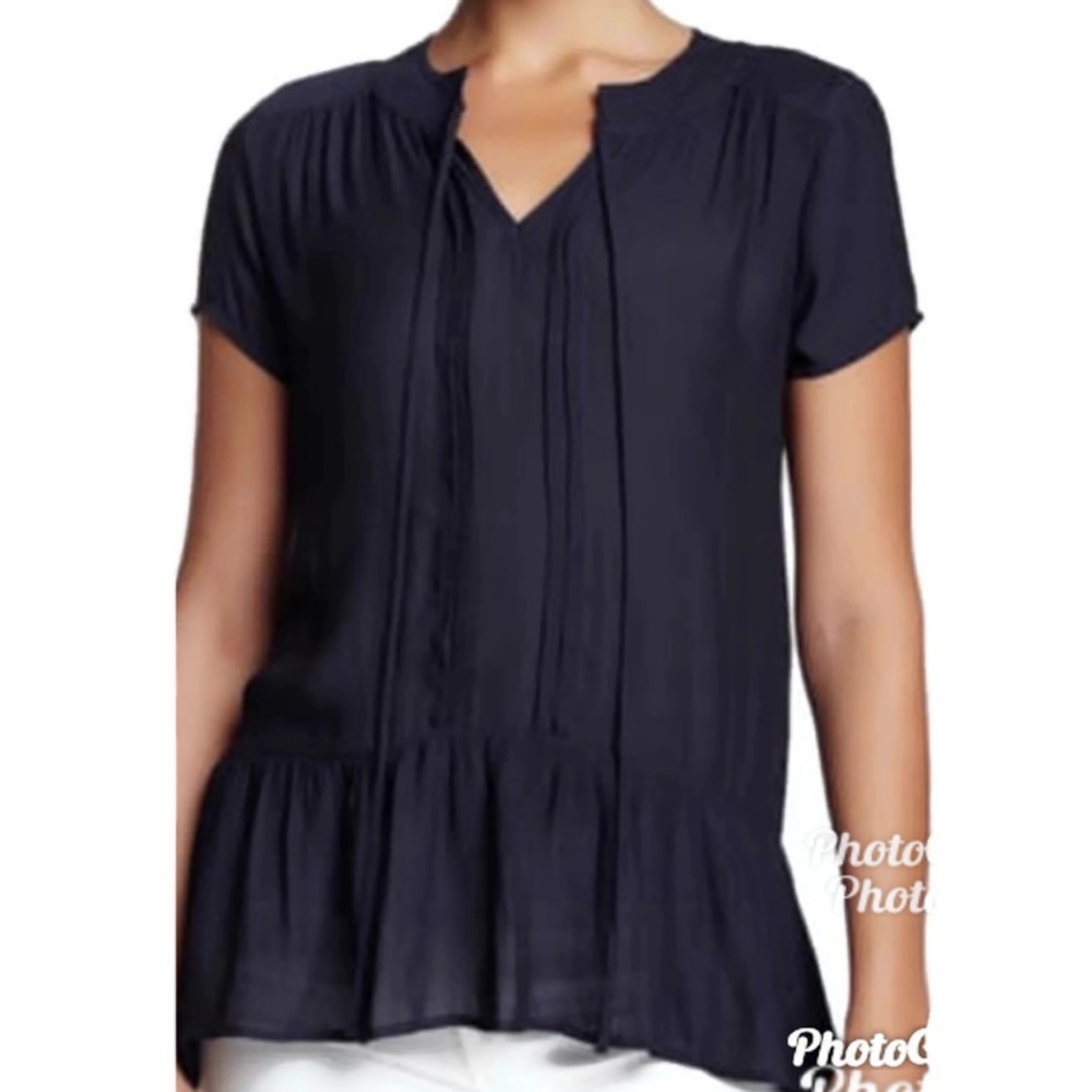 RO & DE Navy Split Neck Ruffle Blouse